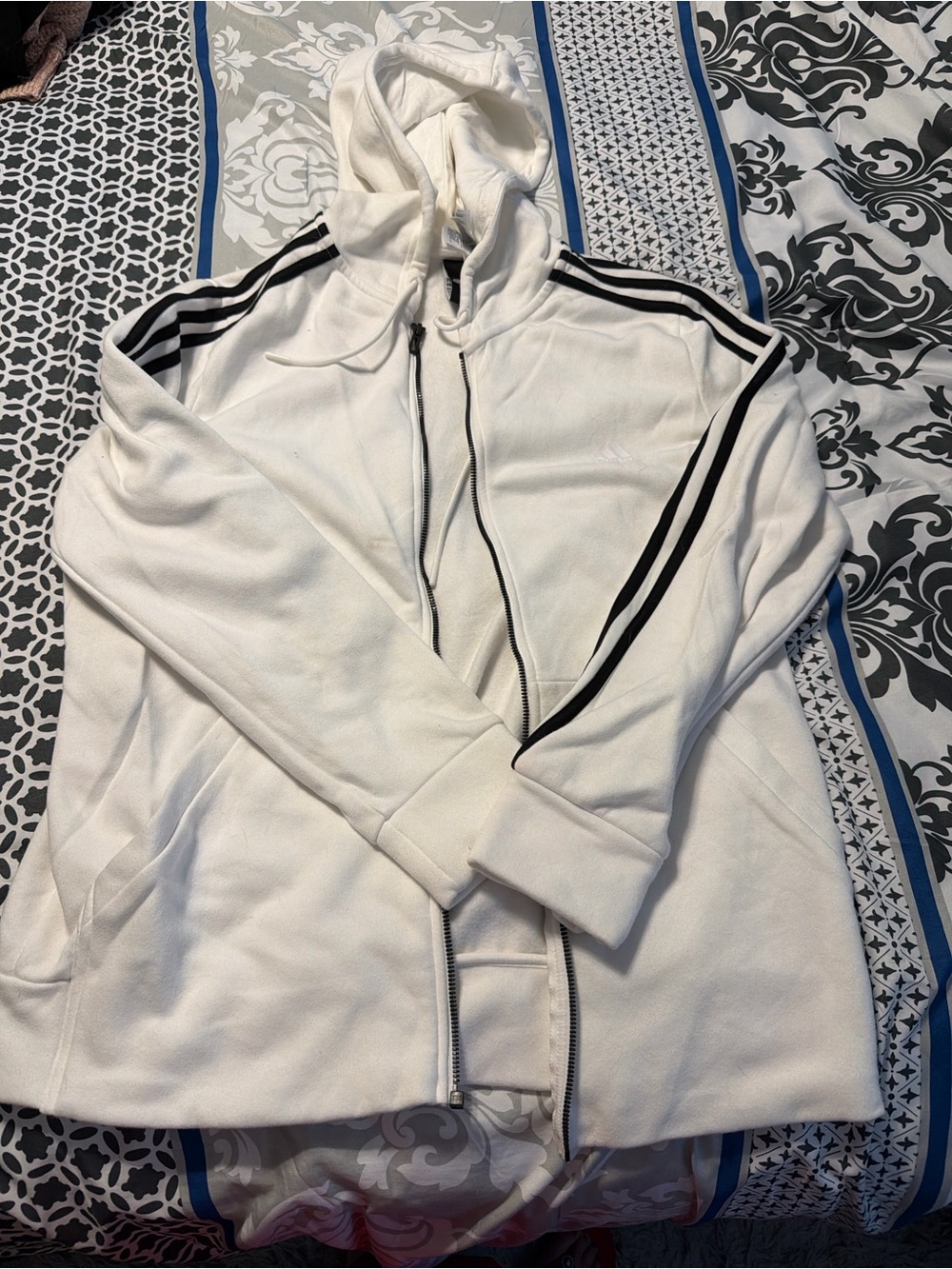 White Hooded Zip-Front Jacket with Black Stripe Detail